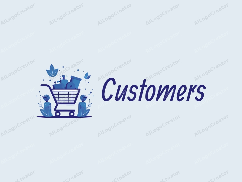 a modern design featuring a stylized shopping cart filled with products, accompanied by abstract representations of customers and shoppers, utilizing a clean and simple composition with a blue color palette.