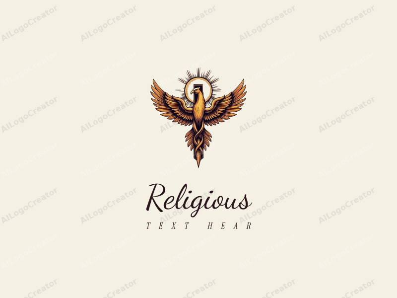 vintage design features a prominent cross intertwined with a halo and a phoenix, all rendered in gold, combined with a clean background.