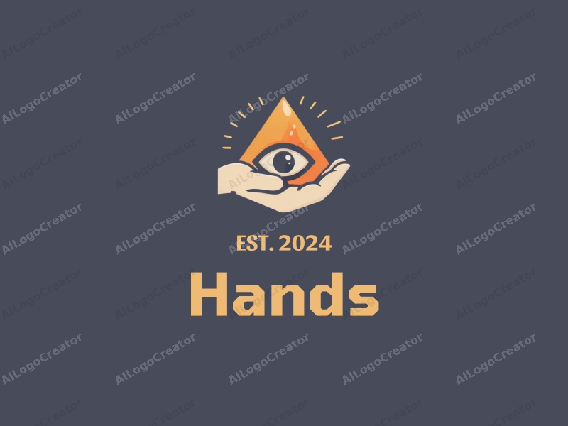 modern design features a stylized hand holding a pyramid with an eye, combined with a clean background and a harmonious composition.