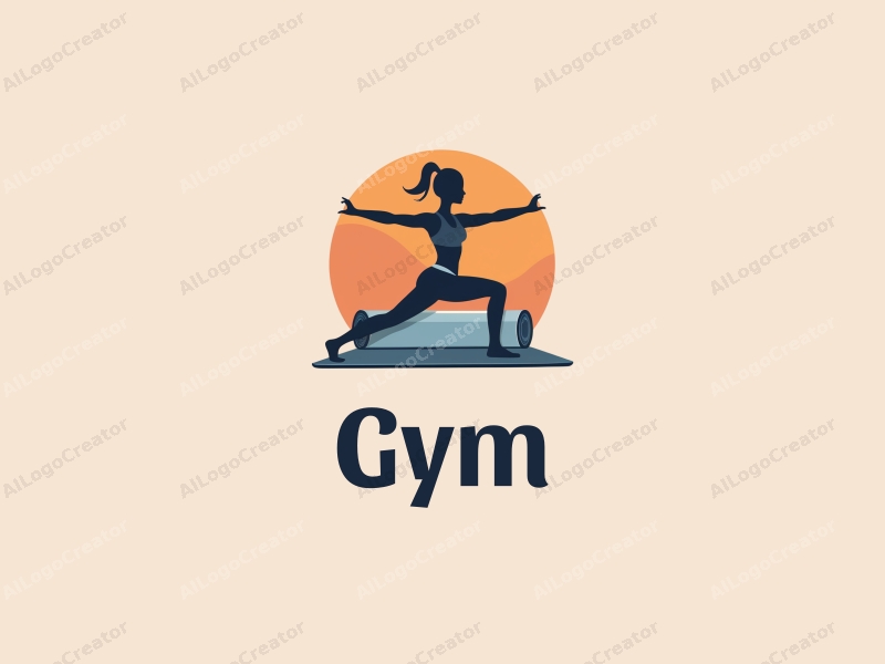 modern design features a stylized yoga mat and fitness equipment, combined with an athletic woman silhouette, using a clean background and a harmonious composition.