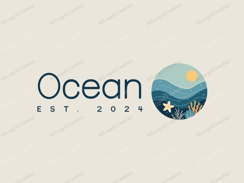 a modern minimalist design featuring stylized ocean waves, marine life including starfish and coral, combined with a clean background in blue and green tones.