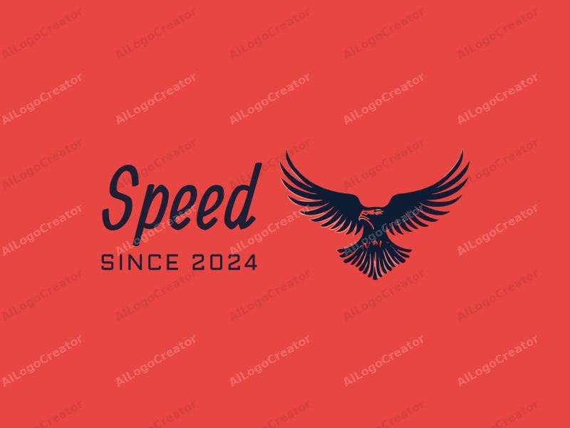 a modern design featuring a stylized eagle in flight, symbolizing speed and power, combined with an abstract representation of an engine, all set against a clean red background.