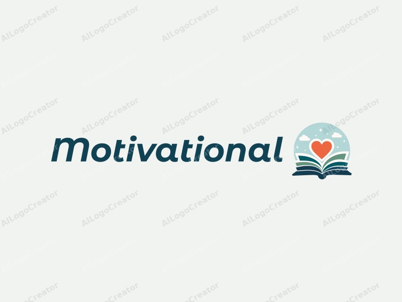 modern design features a stylized book and heart symbol, representing motivation and encouragement, combined with a clean background in blue and green colors.