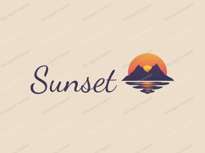 vintage design features a stylized sunset over mountains and ocean, with a harmonious blend of orange and purple colors, creating a clean and simple composition.