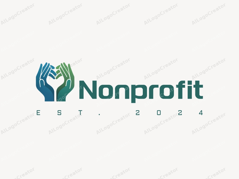 modern design features a heart shape formed by hands, symbolizing charity and volunteerism, combined with a clean background in blue and green tones.