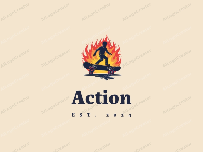 playful design features a stylized skateboard in motion, surrounded by vibrant flames, combined with a clean background for a sense of energy and vitality.