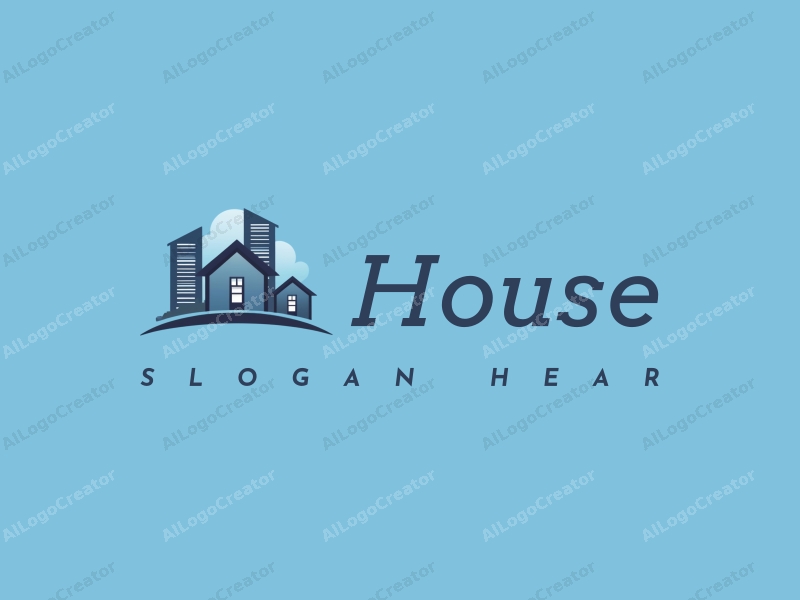 modern design features a stylized house and skyscraper silhouette, combined with a clean blue background and a minimalist approach.