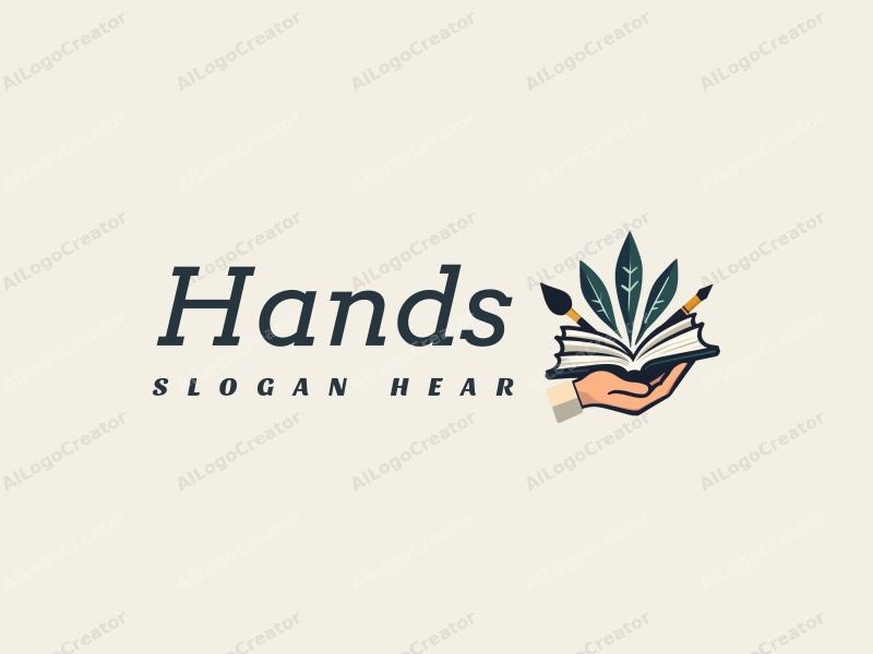 a modern design featuring a hand holding a book and a paintbrush, with a clean background and a focus on simplicity and harmony.