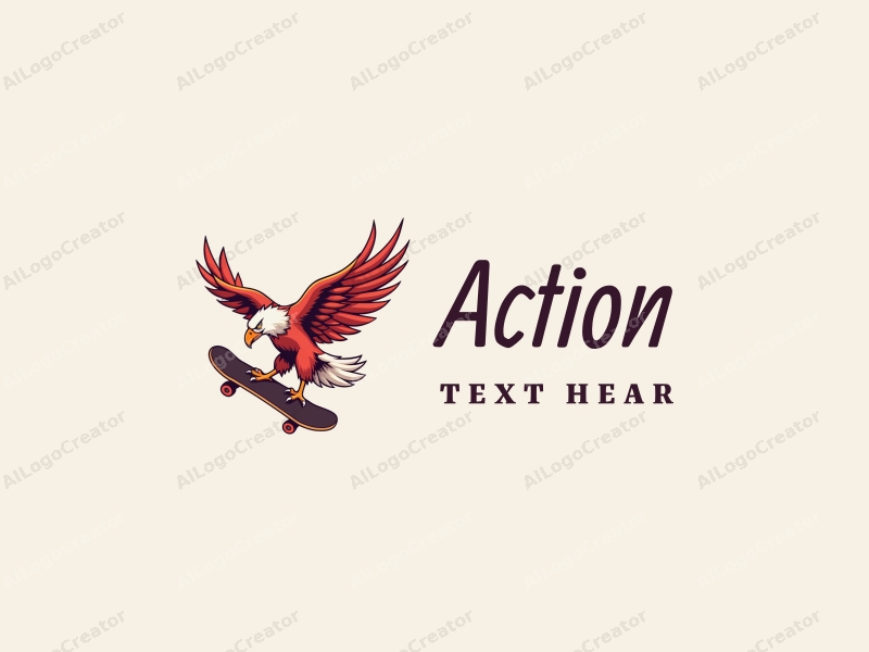 playful design features a stylized flying eagle in motion, a skateboard, and a vibrant red color scheme combined with a clean background.