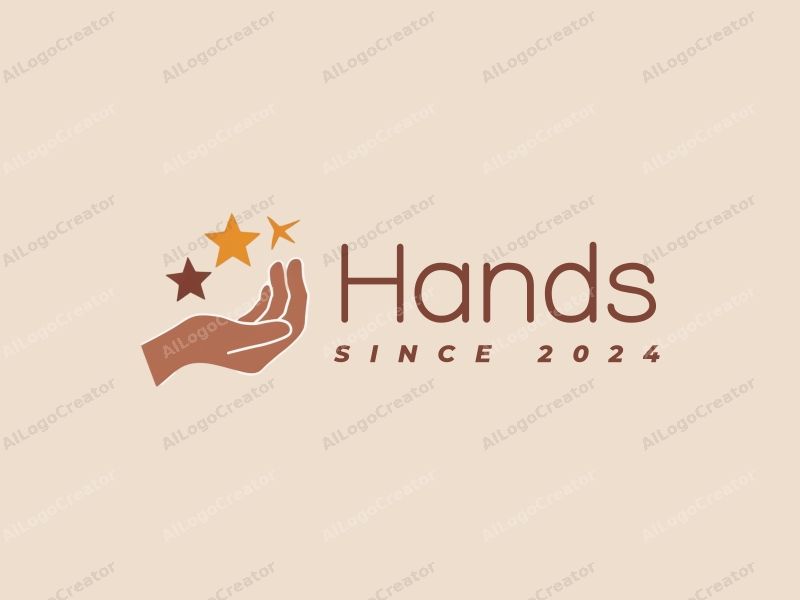 a modern design featuring a hand gently holding a star and a moon, with skin tone colors, combined with a clean and simple background.