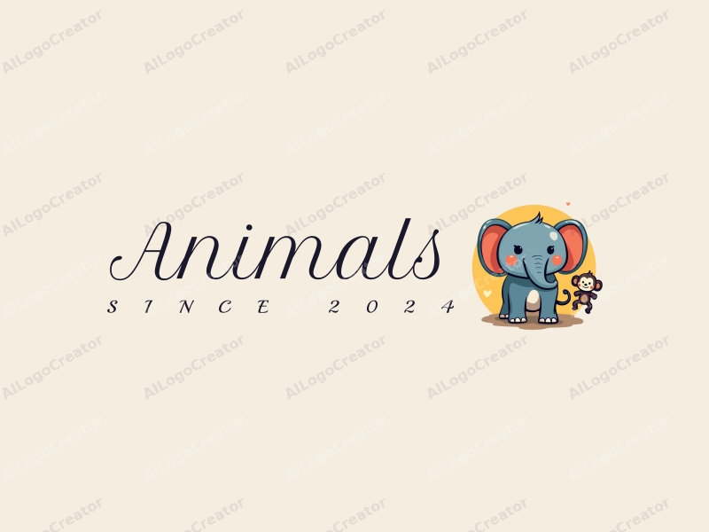 playful design features a colorful elephant and monkey, with a whimsical and fun approach combined with a clean background.