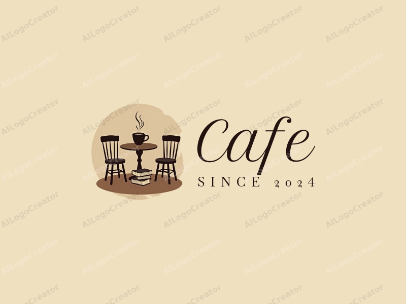 vintage design features a stylized coffee cup, a cozy table and chair setup, and a stack of books, combined with a clean background.