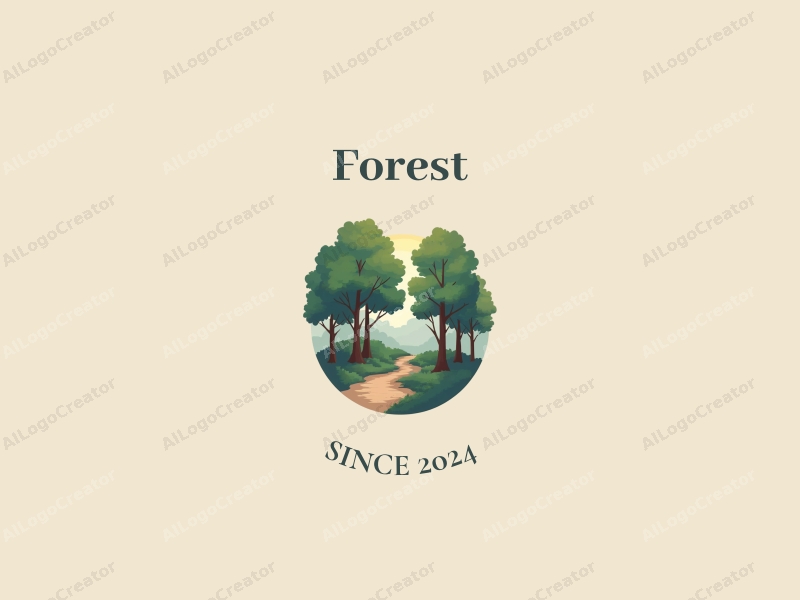 vintage design features a serene forest scene with tall trees, a lush tree canopy, and a winding pathway, combined with a clean background.