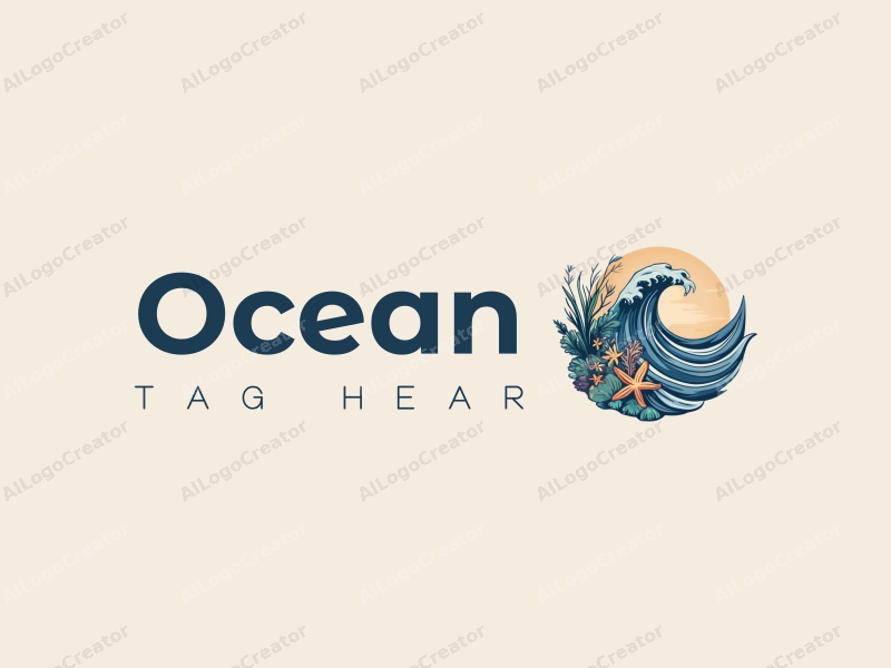 a modern design featuring stylized waves, marine life including coral and starfish, combined with a clean background and a harmonious composition.