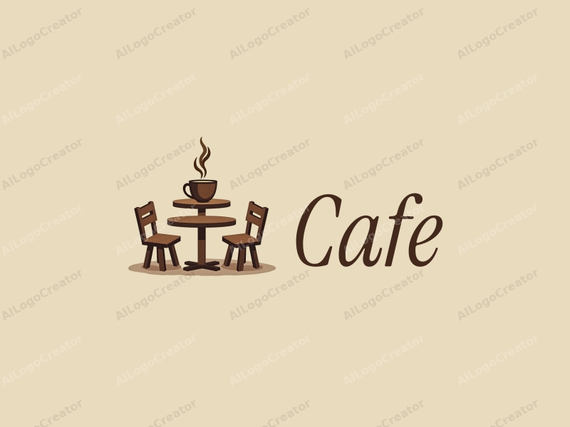 vintage design features a stylized coffee cup on a wooden table, surrounded by simple tables and chairs, combined with a clean background.