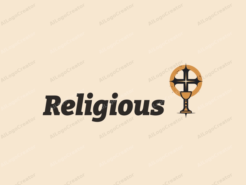 vintage design features a prominent cross, a golden halo surrounding it, and a stylized chalice, combined with a clean background.