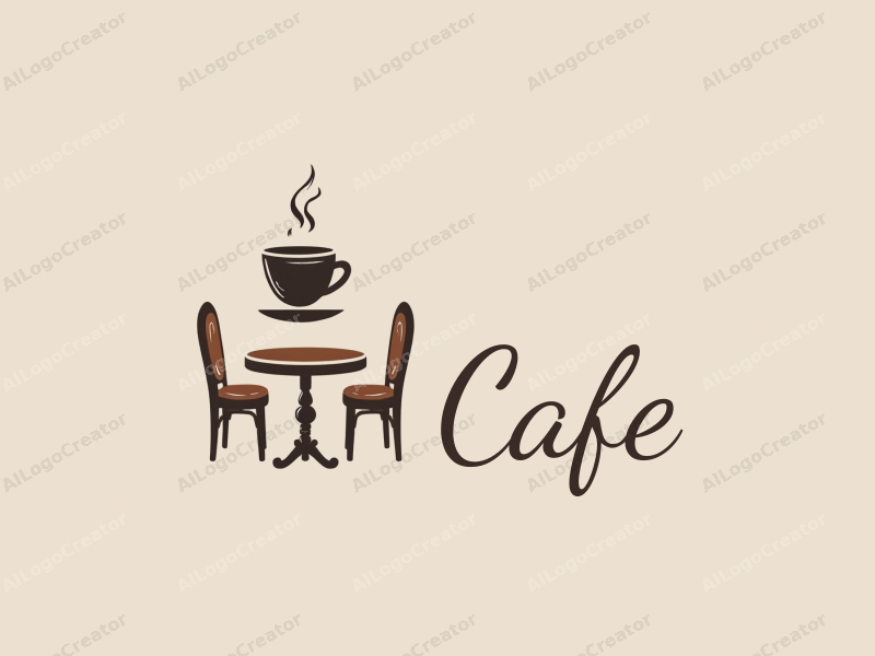 vintage design features a stylized coffee cup, antique table, and chairs, combined with a clean background.