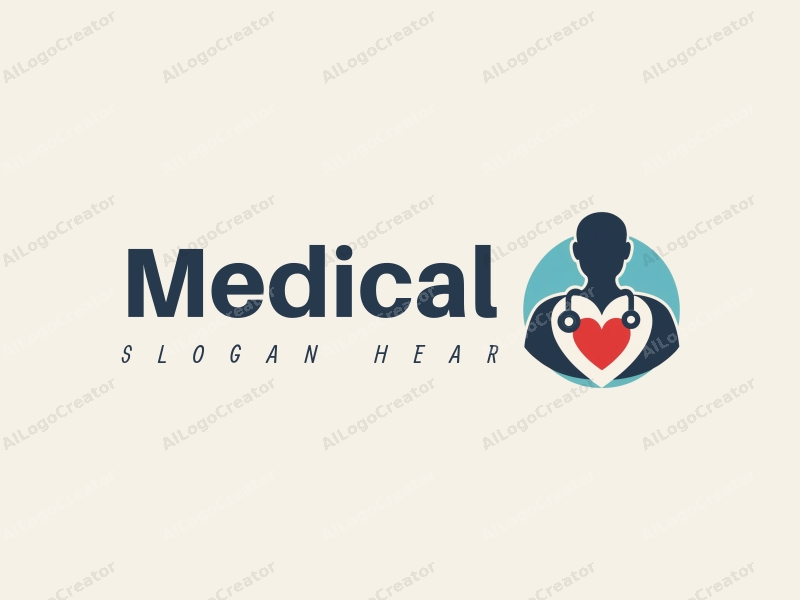 modern design features a stylized hospital silhouette, a doctor figure, a stethoscope intertwined with a heart, combined with a clean background.