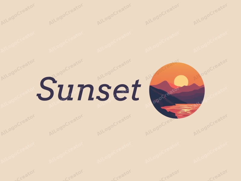 vintage design features a stylized sunset over a coastline with mountains in the background, using a harmonious blend of orange and purple colors, combined with a clean and simple layout.