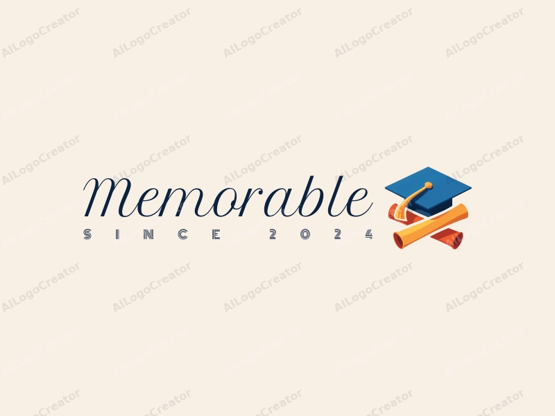 playful design features a graduation cap and a scroll intertwined, symbolizing memories and achievements, with a vibrant blue and orange color scheme, set against a clean background.