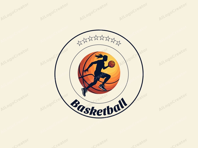 playful design features a stylized basketball, an athlete in motion, and a pair of basketball shoes, combined with a clean background.