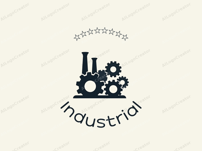 modern design features a stylized factory silhouette, interlocking gears, and a conveyor belt, combined with a clean background.