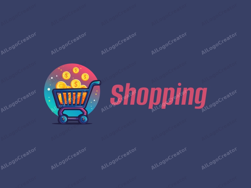 a modern design featuring a colorful shopping cart filled with coins, set against a stylized mall background, emphasizing a vibrant retail atmosphere with clean lines and a harmonious composition.