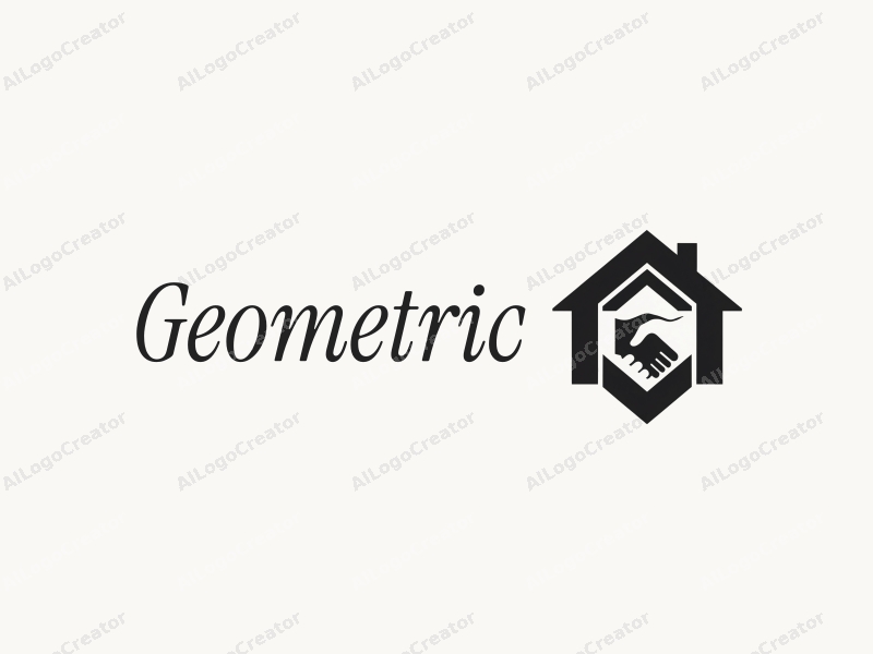 geometric design features a stylized house and handshake, combined with square and circular shapes, set against a clean black and white background.