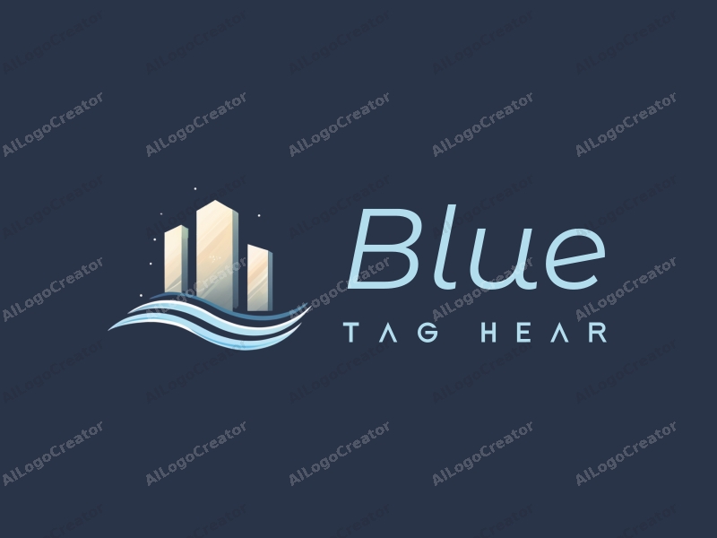 a modern minimalist design featuring a stylized corporate building silhouette, abstract ocean waves, and a clear sky, combined with a clean background.