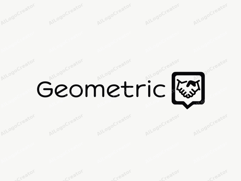 geometric design features a combination of squares and circles, incorporating a speech bubble and handshake elements, with a clean black and white color scheme.