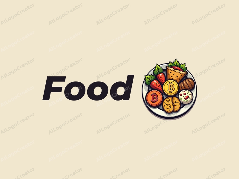 a modern design featuring a vibrant food plate with various delicious dishes, incorporating bitcoin symbols creatively within the food elements, set against a clean background.