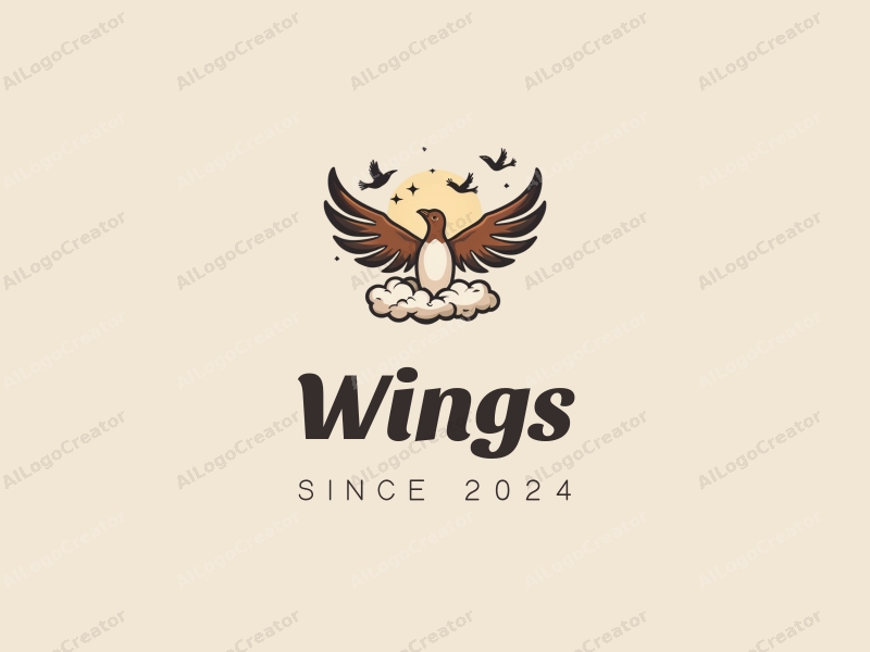 playful design features stylized wings, flying birds, and fluffy clouds combined with a clean background.