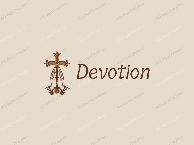 vintage design features a stylized cross and hands in a prayer position, combined with a gold color palette and a clean background.