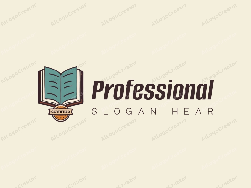 a modern minimalist design featuring a stylized book and a badge, combined with a clean background and a professional, certified look.