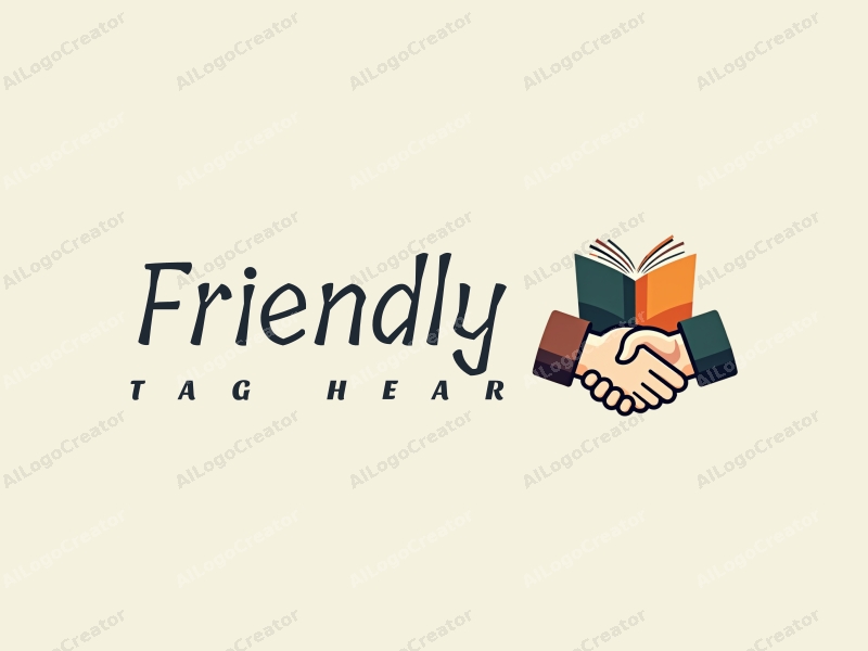 playful design features a stylized book and a handshake, combined with a clean background, emphasizing friendship and community in an educational and social context.