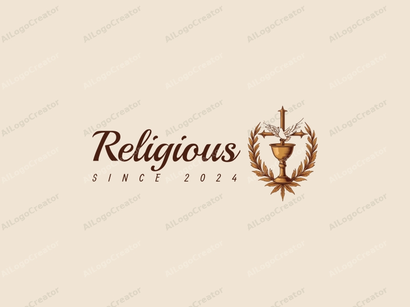 vintage design features a stylized cross, a chalice, and a dove, combined with a golden color palette and a clean background.