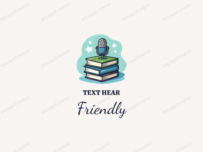 playful design features friendly elements like books and a microphone, combined with a clean background in blue and green colors.