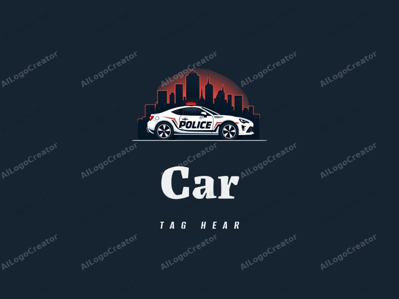 modern design features a sleek car silhouette, a city skyline in the background, and a stylized police car, combined with a clean and simple layout.