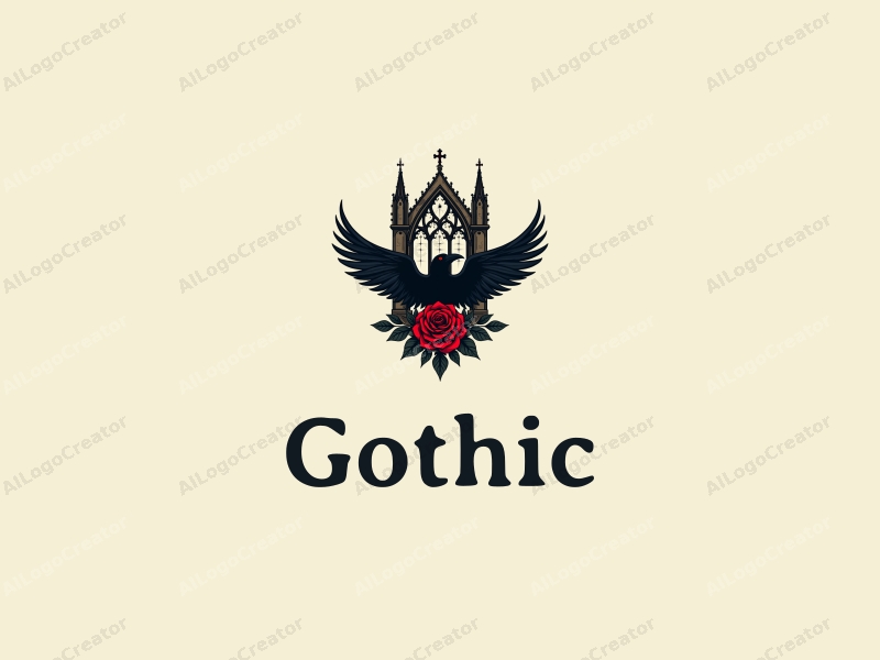 Gothic design features pointed arch windows and flying buttresses, combined with a black raven and a red rose, set against a clean background.