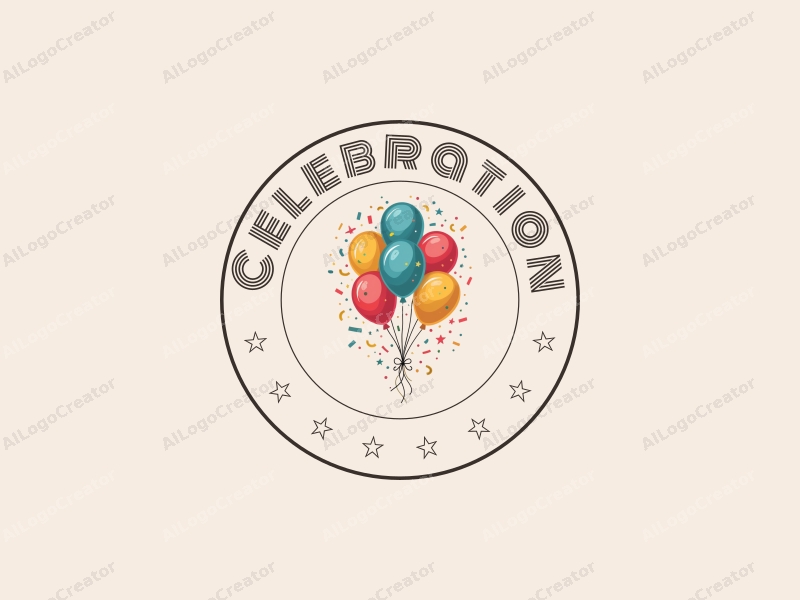 playful design features colorful balloons and streamers, a festive atmosphere with gold accents, combined with a clean background.