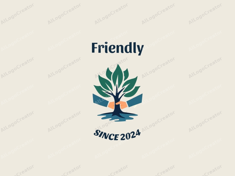 playful design features a stylized tree intertwined with a handshake, using blue and green colors, combined with a clean background.