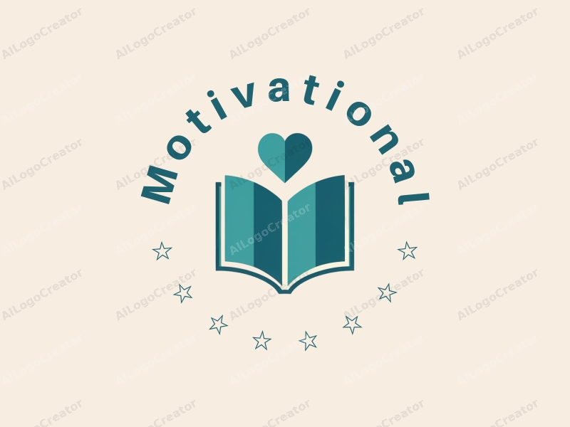 modern design features a stylized book and a heart symbol, representing motivation and encouragement, combined with a clean background in blue and green colors.