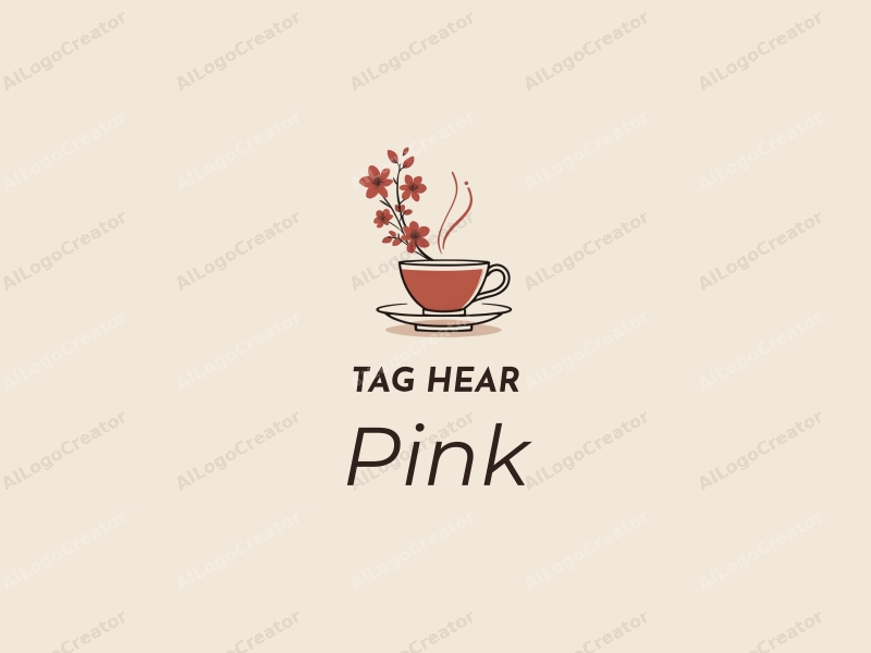 minimalist design features delicate cherry blossoms intertwined with a stylized tea cup and milk tea, combined with a clean background.