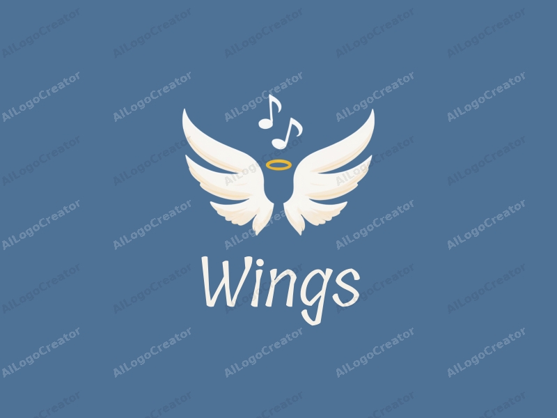 playful design features stylized wings and an angel silhouette, combined with musical notes, creating a sense of flight and creativity against a clean blue background.