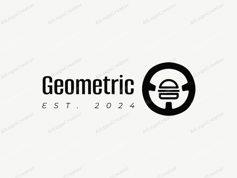 geometric design features a combination of square and circular shapes, a stylized steering wheel and hamburger, combined with a clean black and white background.