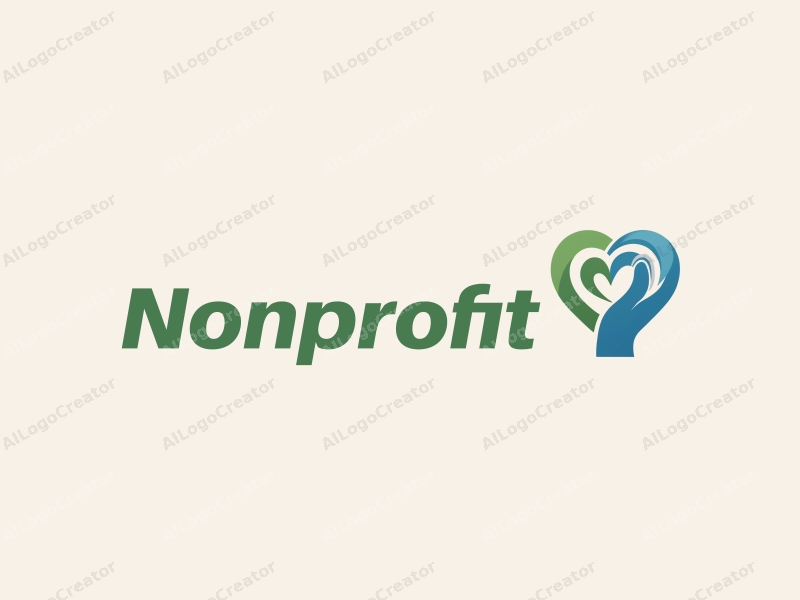 modern design features a stylized heart and hand symbolizing charity and volunteer work, combined with a clean background in blue and green tones.