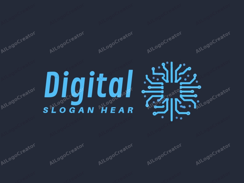 a modern minimalist design featuring digital elements like circuit patterns, technology symbols, and information network motifs combined with a clean blue and black color scheme.