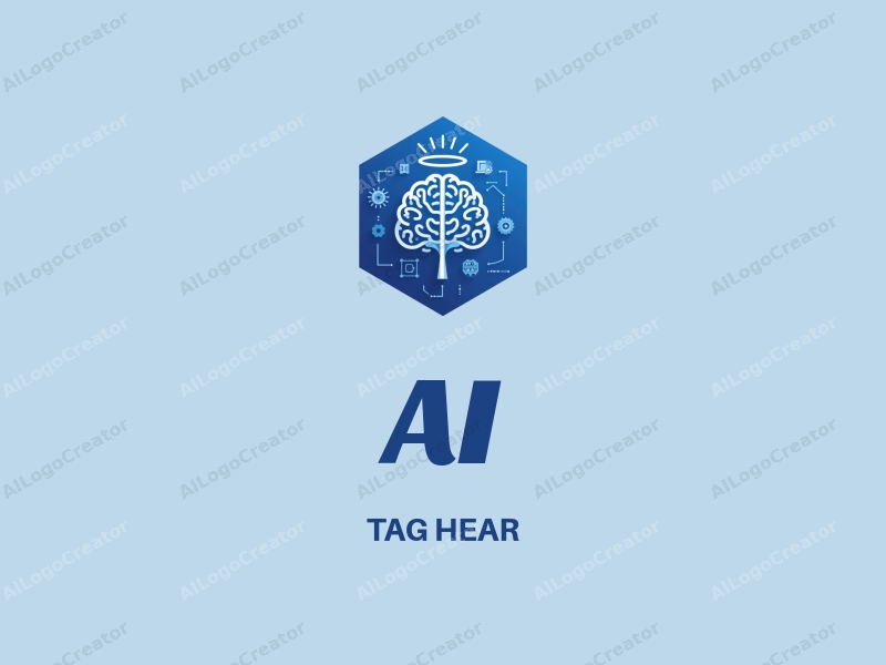 a modern design featuring elements of intelligence and algorithms, combined with a halo and gears, all presented in a clean blue color scheme.