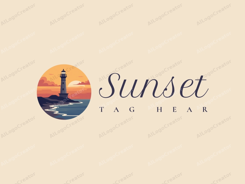 vintage design features a stylized lighthouse against a sunset backdrop, with waves gently lapping at the shore, incorporating warm orange and deep purple hues, creating a serene and artistic atmosphere.