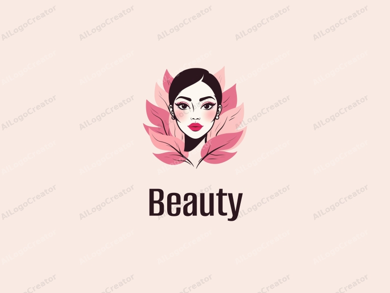 a modern design featuring a stylized face with elegant makeup, surrounded by soft pink petals, using a clean and harmonious composition.